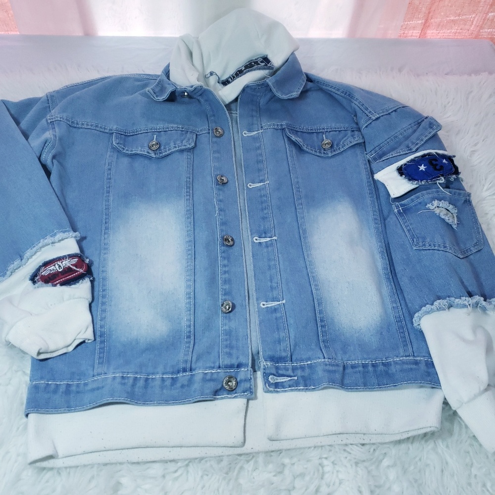 Distressed Jean Jacket w Illusion Hoodie